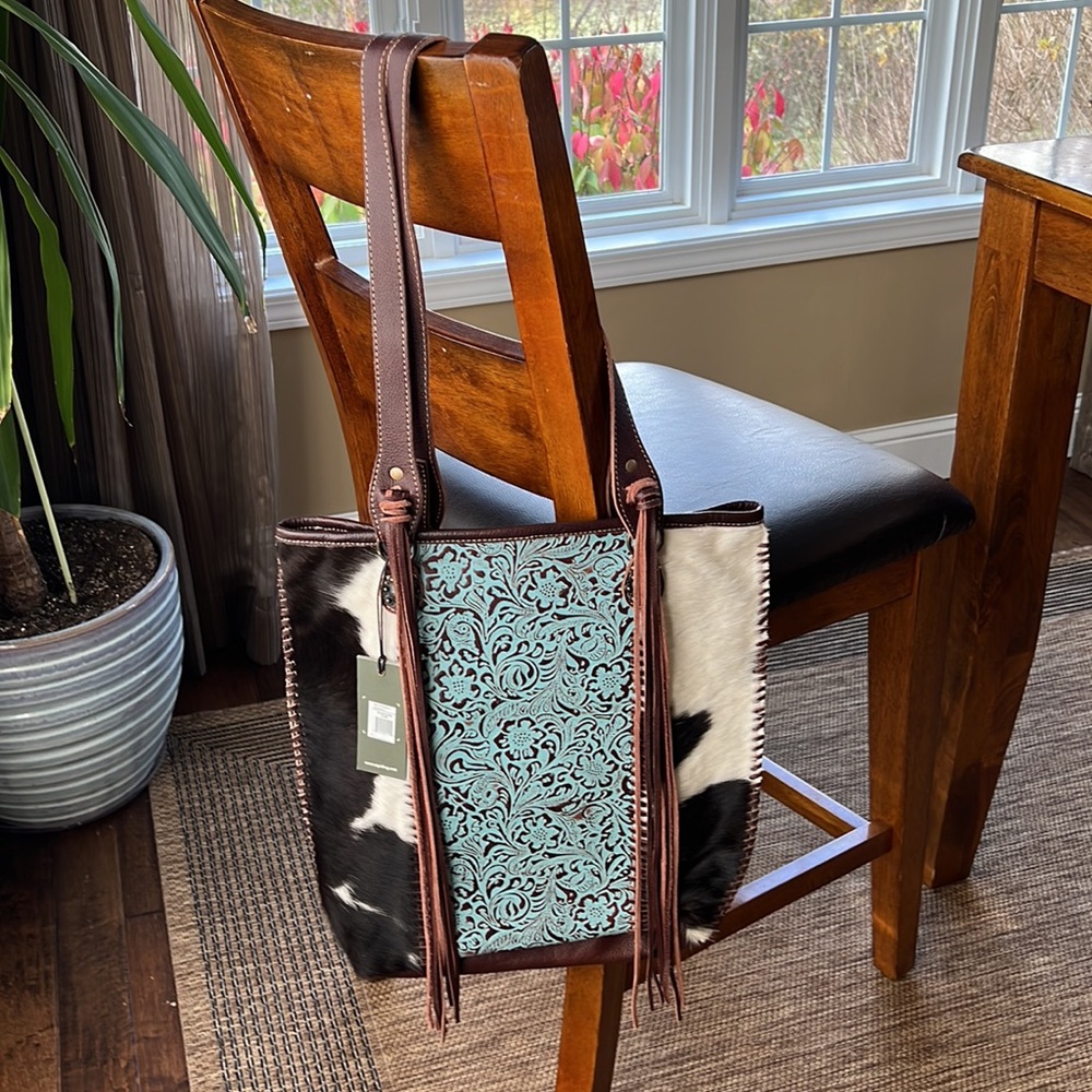 New Myra Bag Tote Cowhide Turquoise Leather with Fringe Blue Ripples
